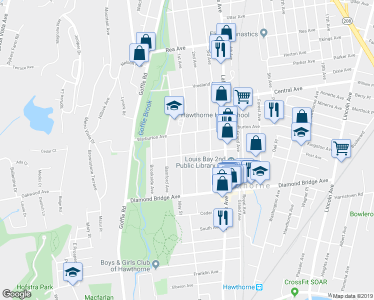 map of restaurants, bars, coffee shops, grocery stores, and more near 65 McKinley Ave in Hawthorne