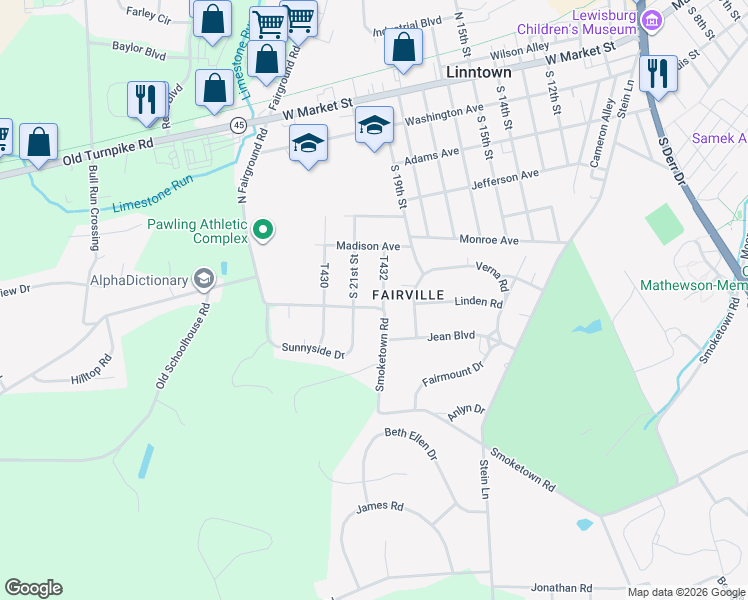 map of restaurants, bars, coffee shops, grocery stores, and more near 2002 Smoketown Road in Lewisburg