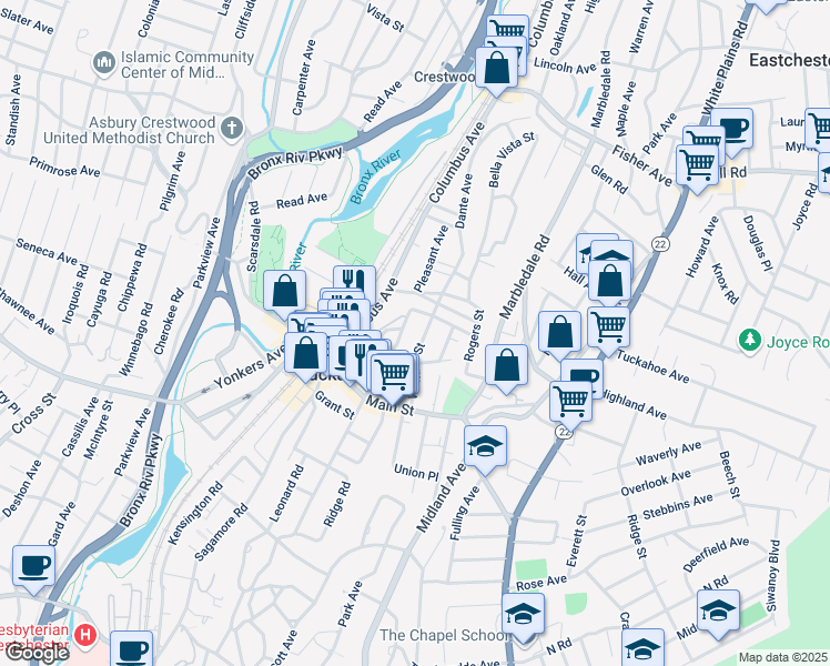map of restaurants, bars, coffee shops, grocery stores, and more near 59 Wallace Street in Tuckahoe