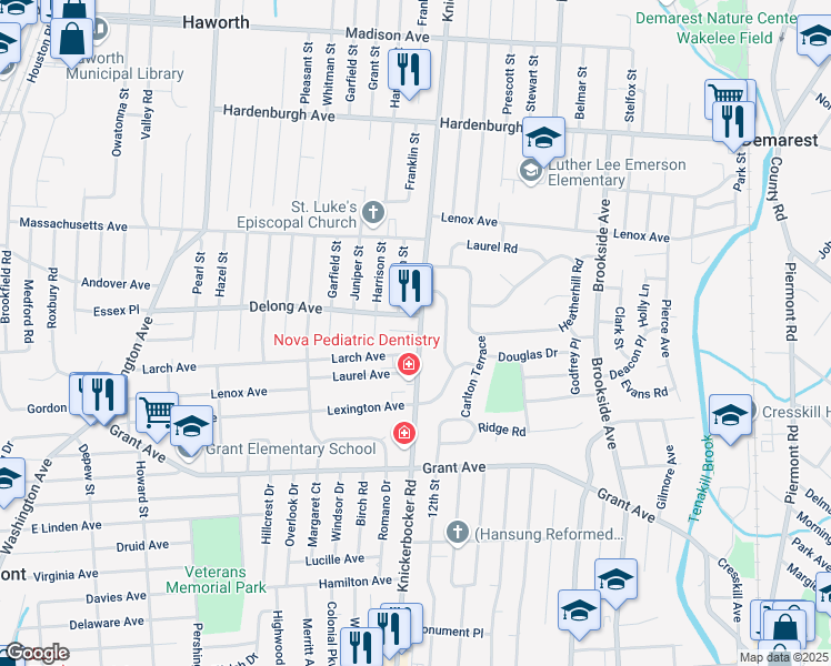 map of restaurants, bars, coffee shops, grocery stores, and more near 360 Knickerbocker Road in Dumont