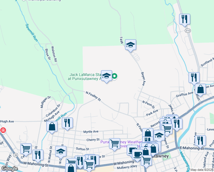 map of restaurants, bars, coffee shops, grocery stores, and more near 500 North Findley Street in Punxsutawney