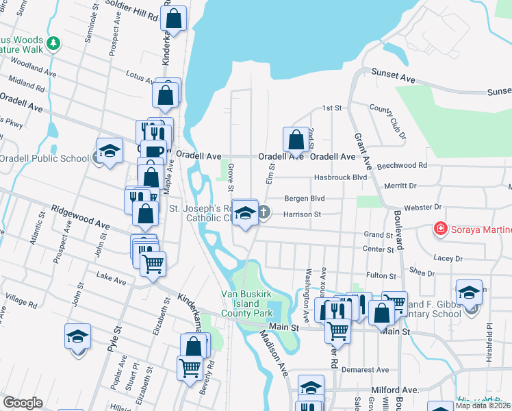 map of restaurants, bars, coffee shops, grocery stores, and more near 327 Elm Street in Oradell