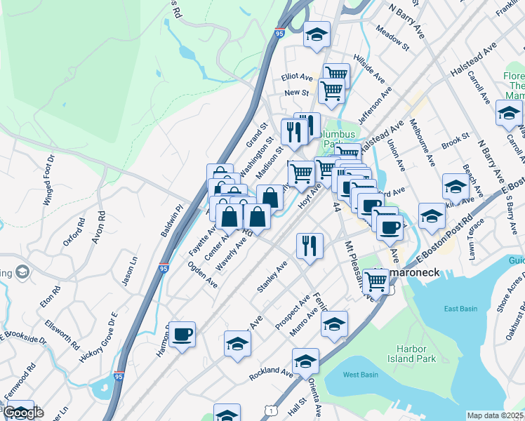 map of restaurants, bars, coffee shops, grocery stores, and more near 311 Waverly Avenue in Mamaroneck