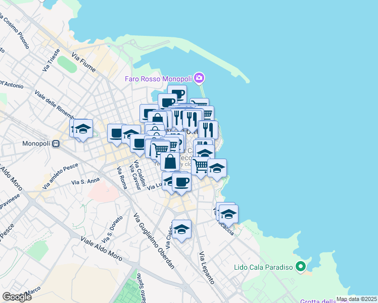 map of restaurants, bars, coffee shops, grocery stores, and more near 46 Via Barbacana in Monopoli