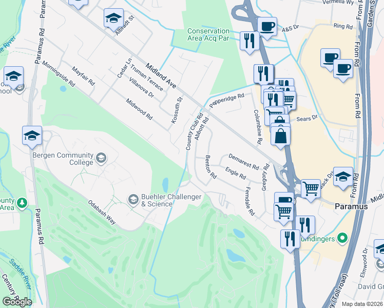 map of restaurants, bars, coffee shops, grocery stores, and more near 409 Abbott Road in Paramus