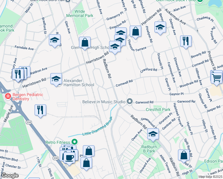 map of restaurants, bars, coffee shops, grocery stores, and more near 111 Radburn Road in Glen Rock