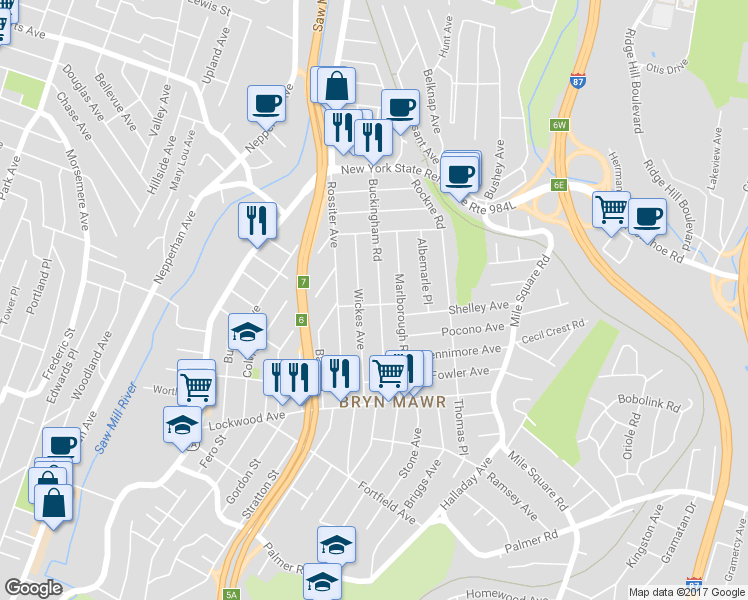 map of restaurants, bars, coffee shops, grocery stores, and more near 91 Buckingham Road in Yonkers