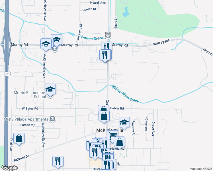 map of restaurants, bars, coffee shops, grocery stores, and more near 2555 Central Avenue in McKinleyville
