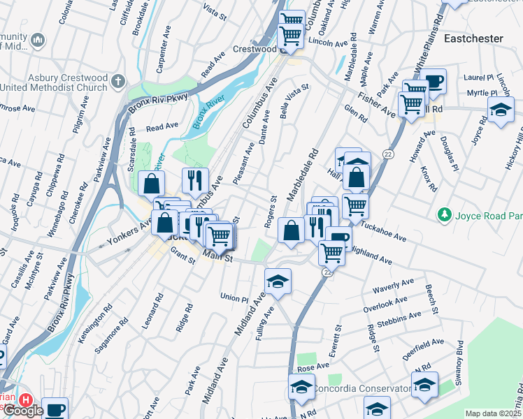 map of restaurants, bars, coffee shops, grocery stores, and more near 54 North High Street in Tuckahoe