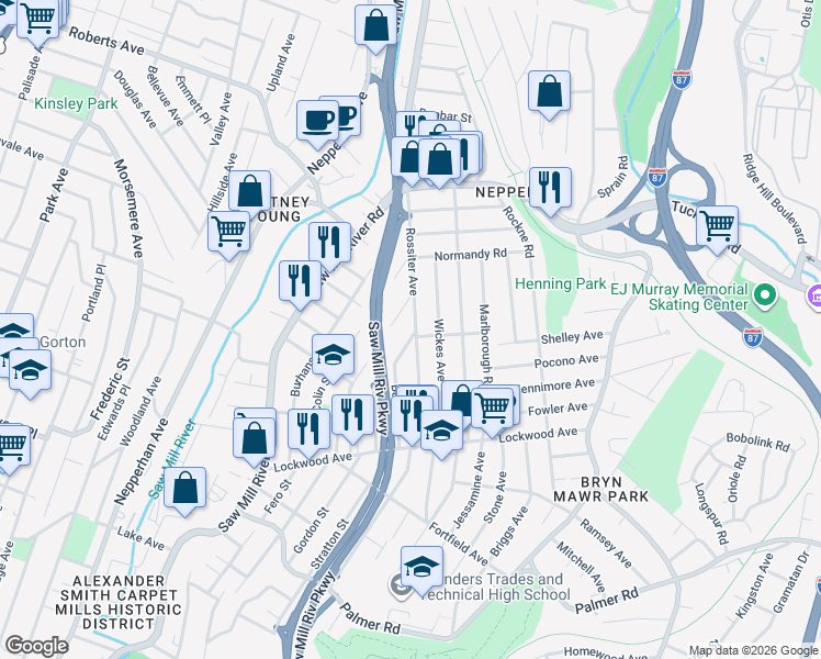 map of restaurants, bars, coffee shops, grocery stores, and more near 92 Henry Street in Yonkers