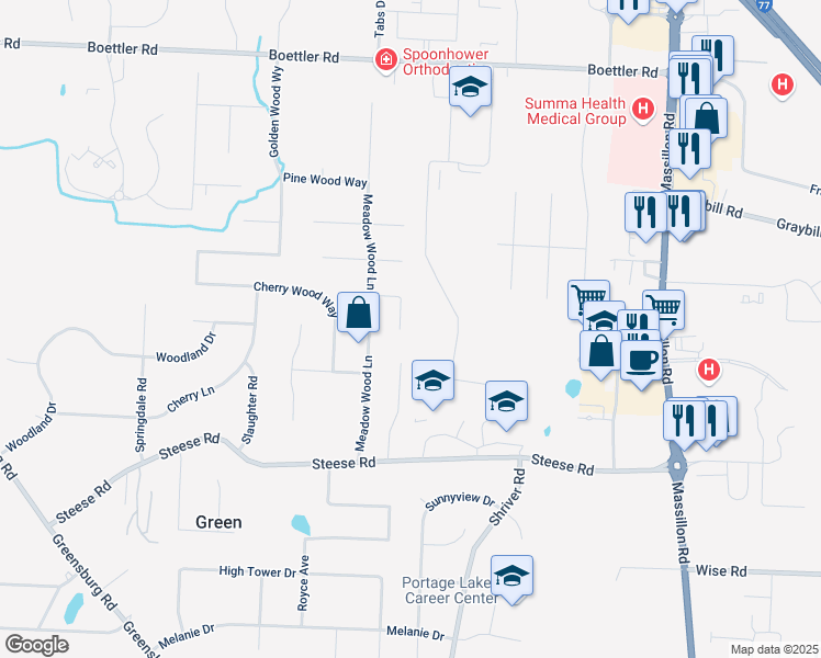 map of restaurants, bars, coffee shops, grocery stores, and more near 4115 Spring Meadow Cir in Uniontown
