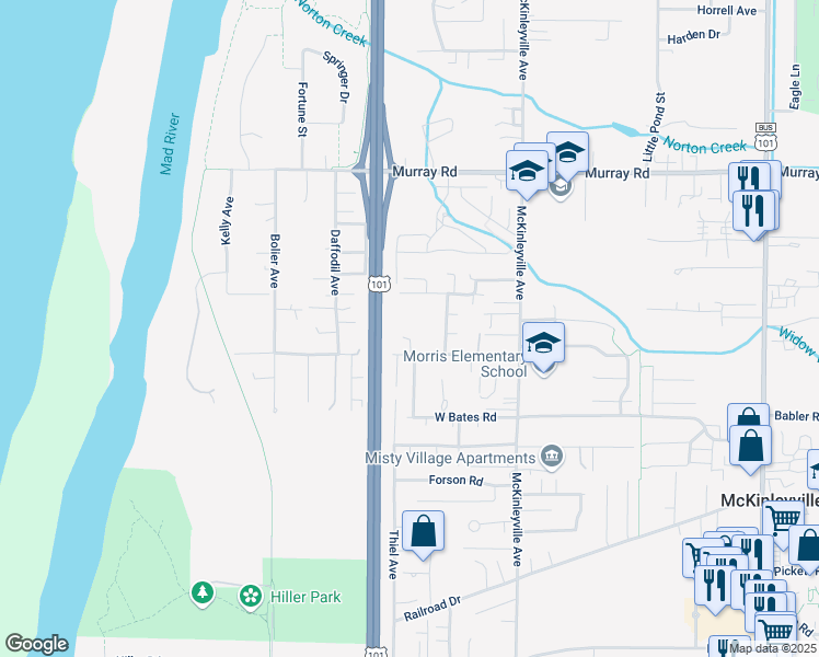 map of restaurants, bars, coffee shops, grocery stores, and more near 1025 Norah Lane in McKinleyville