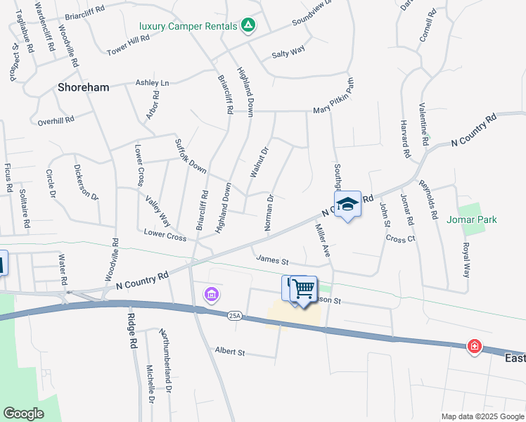 map of restaurants, bars, coffee shops, grocery stores, and more near 6 Norman Drive in Shoreham