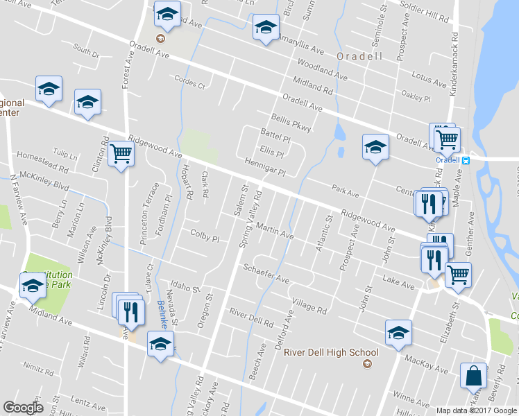 map of restaurants, bars, coffee shops, grocery stores, and more near 248 Spring Valley Road in Oradell