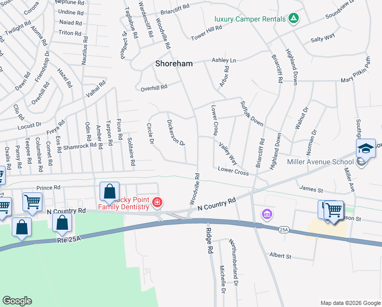 map of restaurants, bars, coffee shops, grocery stores, and more near 3 Dickerson Drive in Shoreham