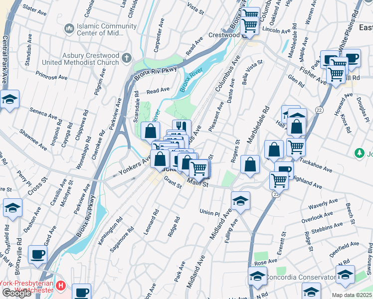 map of restaurants, bars, coffee shops, grocery stores, and more near 20 Clinton Place in Tuckahoe