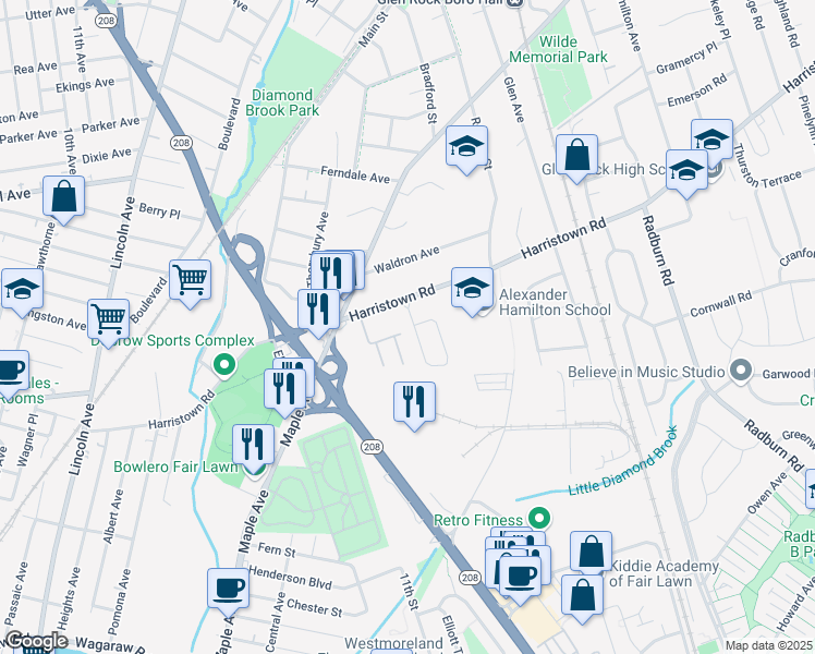 map of restaurants, bars, coffee shops, grocery stores, and more near 10 Pamrapo Court West in Glen Rock