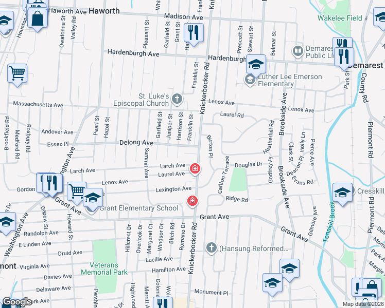 map of restaurants, bars, coffee shops, grocery stores, and more near 360 Knickerbocker Road in Dumont