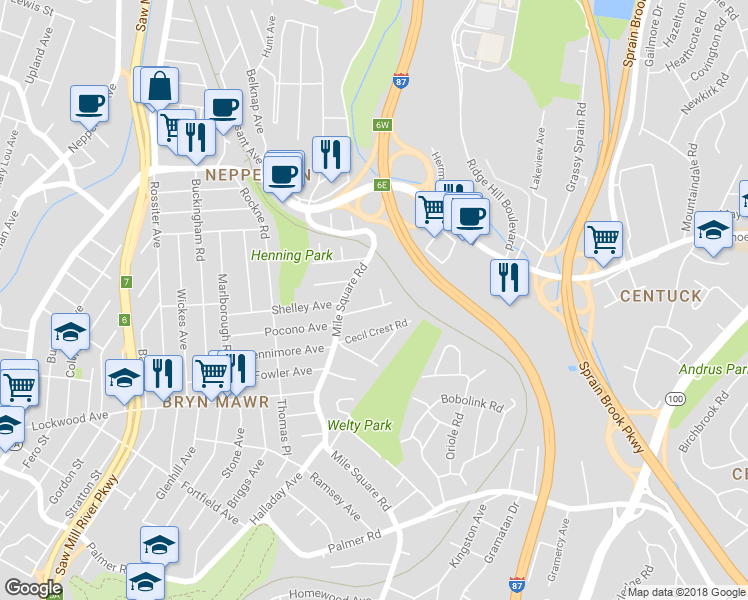 map of restaurants, bars, coffee shops, grocery stores, and more near 39 Rushby Way in Yonkers