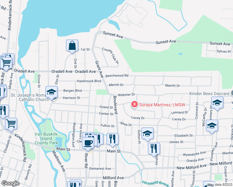 map of restaurants, bars, coffee shops, grocery stores, and more near 283 Webster Drive in New Milford