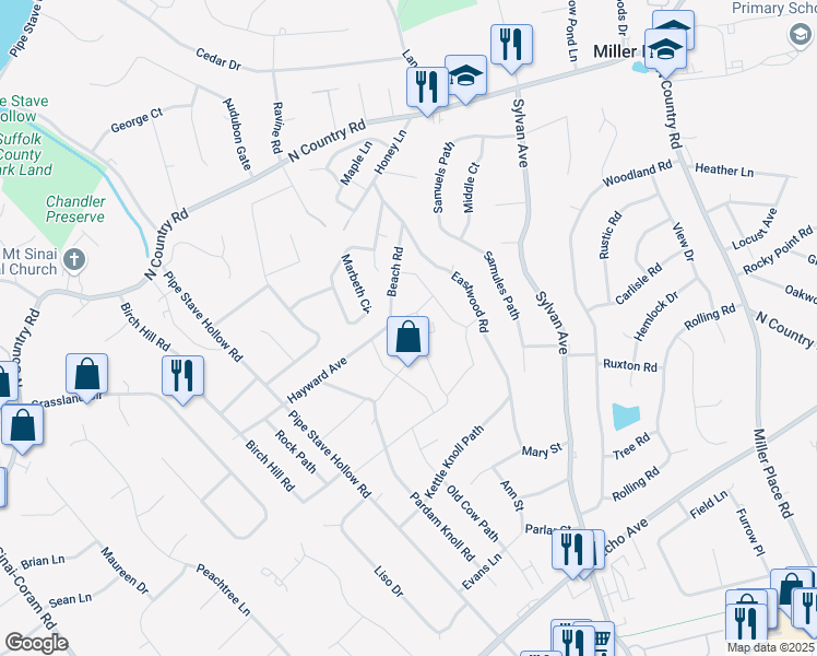 map of restaurants, bars, coffee shops, grocery stores, and more near 8 Hayward Avenue in Mount Sinai