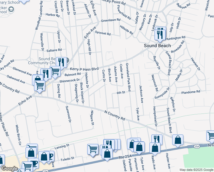 map of restaurants, bars, coffee shops, grocery stores, and more near 47 Curtis Drive in Sound Beach