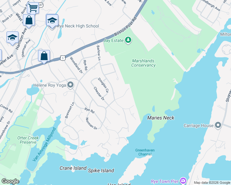 map of restaurants, bars, coffee shops, grocery stores, and more near 41 Barlow Lane in Rye