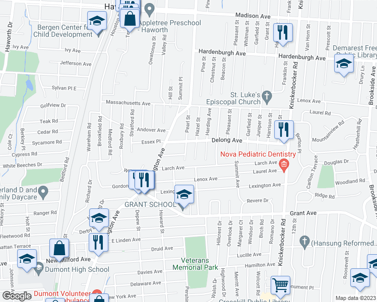 map of restaurants, bars, coffee shops, grocery stores, and more near 19 Pearl Street in Dumont