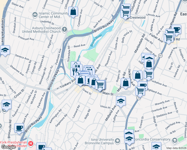 map of restaurants, bars, coffee shops, grocery stores, and more near 21 Columbus Avenue in Tuckahoe
