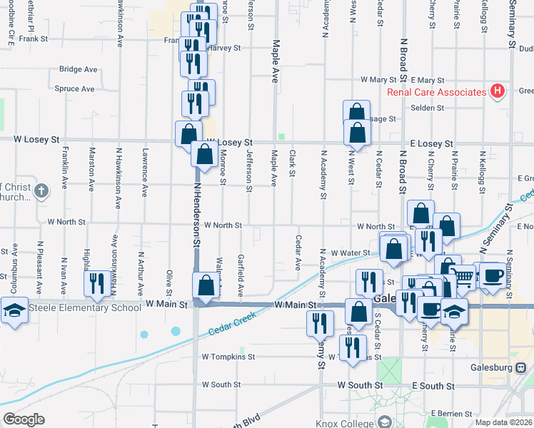 map of restaurants, bars, coffee shops, grocery stores, and more near 555 West North Street in Galesburg