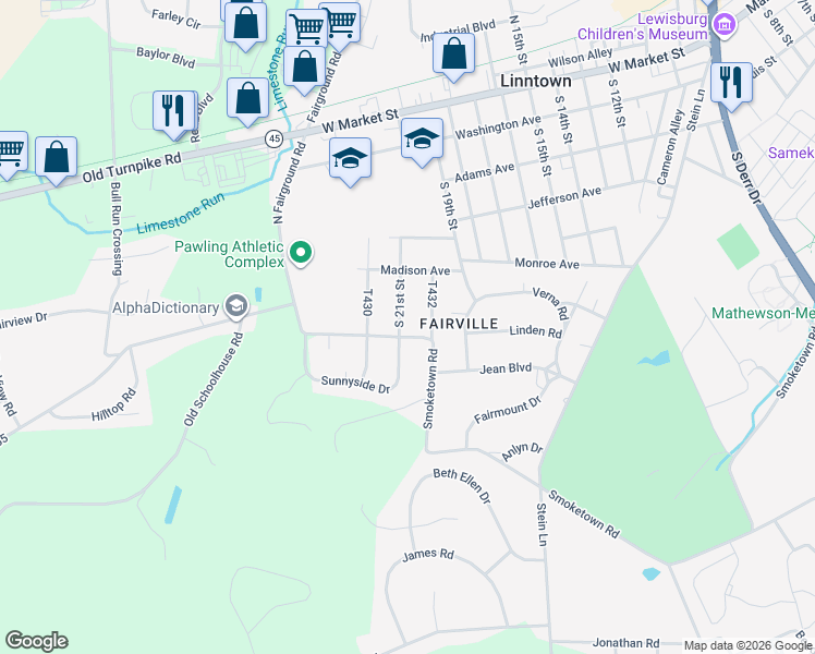 map of restaurants, bars, coffee shops, grocery stores, and more near 2002 Smoketown Road in Lewisburg