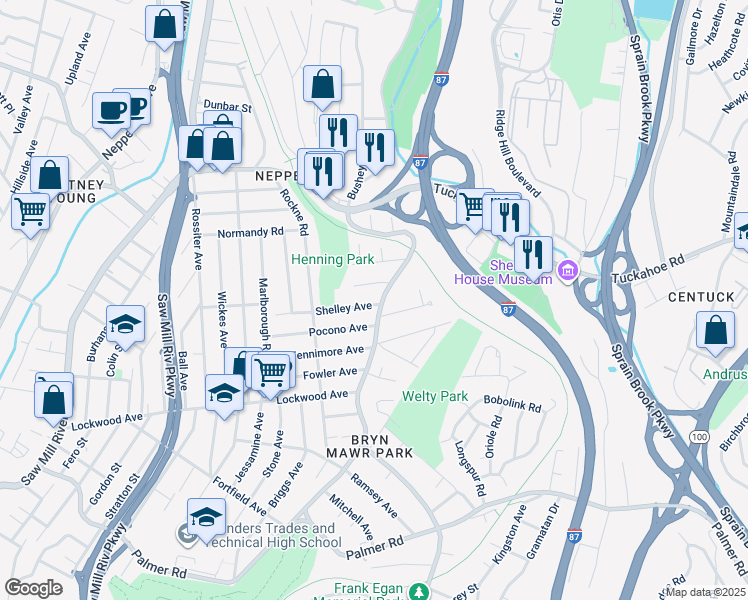 map of restaurants, bars, coffee shops, grocery stores, and more near 79 Mile Square Road in Yonkers