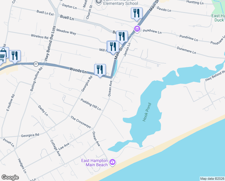 map of restaurants, bars, coffee shops, grocery stores, and more near 9 Ocean Avenue in East Hampton