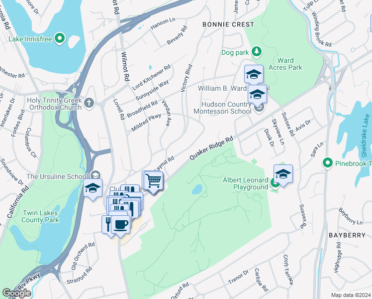 map of restaurants, bars, coffee shops, grocery stores, and more near 157 Taymil Road in New Rochelle