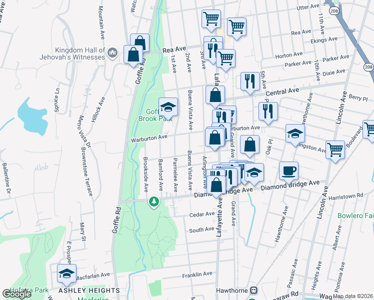 map of restaurants, bars, coffee shops, grocery stores, and more near 65 McKinley Avenue in Hawthorne