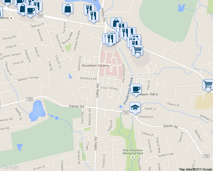 map of restaurants, bars, coffee shops, grocery stores, and more near 42 Knox Terrace in Wayne
