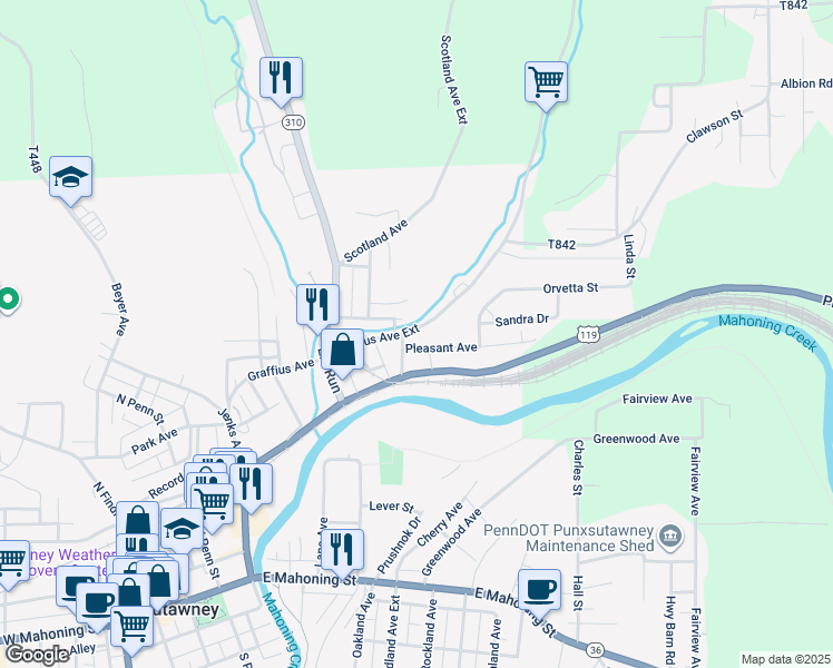 map of restaurants, bars, coffee shops, grocery stores, and more near 204 Orchard Avenue in Punxsutawney