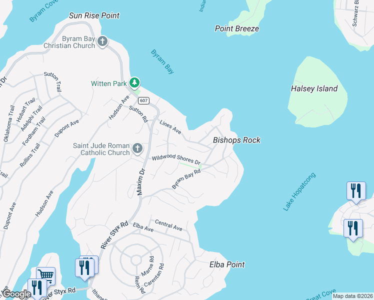 map of restaurants, bars, coffee shops, grocery stores, and more near 16 Lakeview Road in Hopatcong