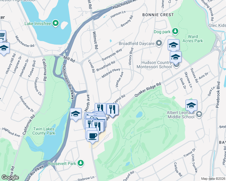 map of restaurants, bars, coffee shops, grocery stores, and more near 65 Fenimore Road in New Rochelle