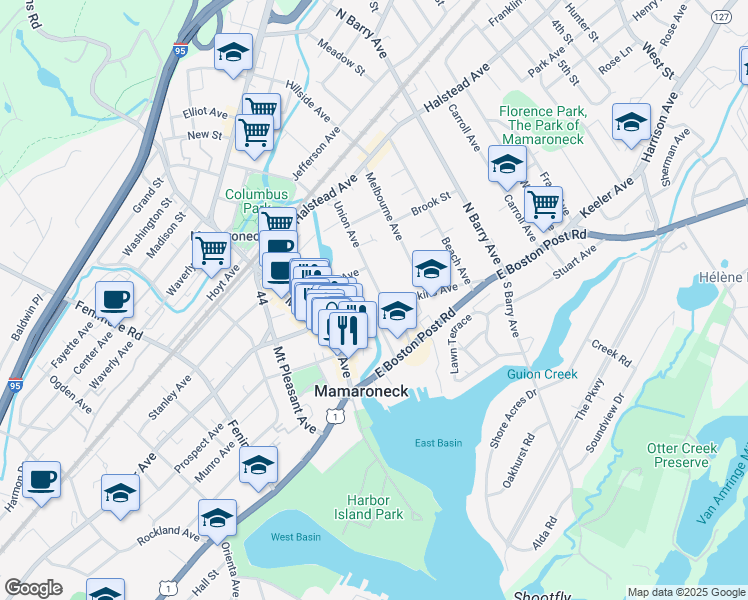map of restaurants, bars, coffee shops, grocery stores, and more near 210 Union Avenue in Mamaroneck