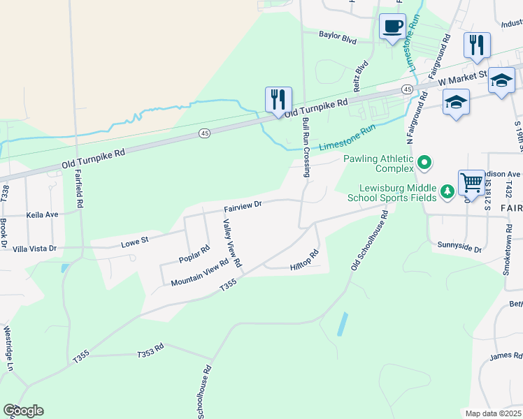 map of restaurants, bars, coffee shops, grocery stores, and more near 137 Fairview Drive in Lewisburg