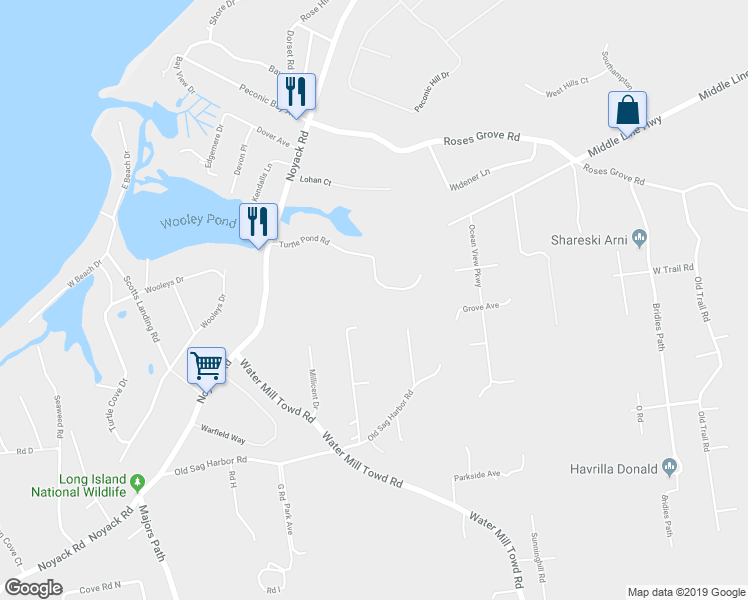 map of restaurants, bars, coffee shops, grocery stores, and more near 16 Turtle Pond Road in Southampton