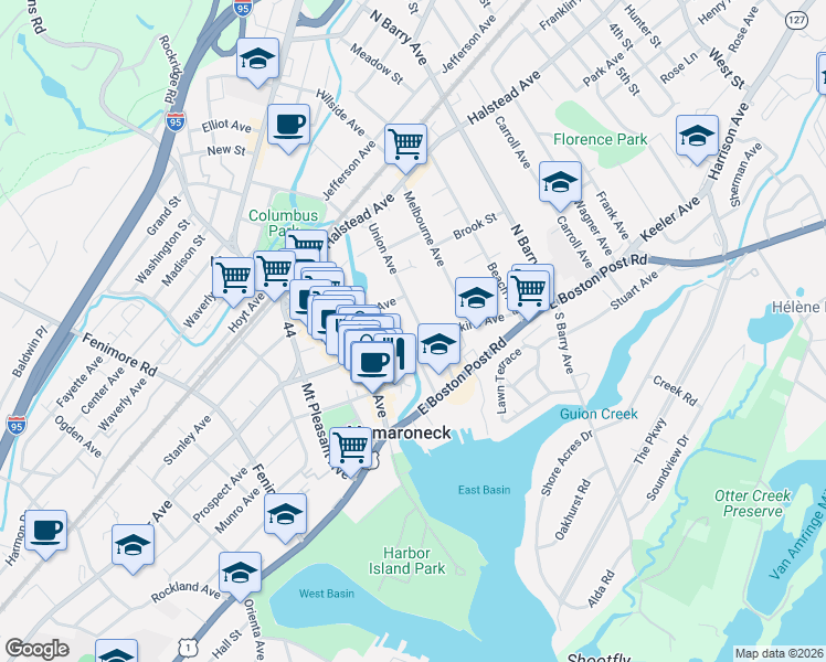 map of restaurants, bars, coffee shops, grocery stores, and more near 210 Union Avenue in Mamaroneck