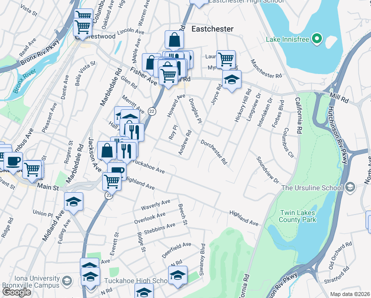 map of restaurants, bars, coffee shops, grocery stores, and more near 19 Andrew Road in Eastchester