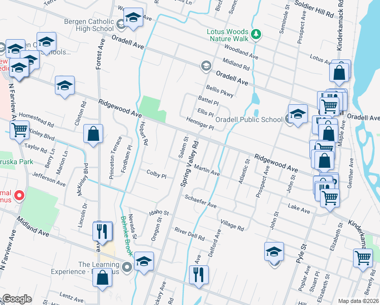 map of restaurants, bars, coffee shops, grocery stores, and more near 248 Spring Valley Road in Oradell