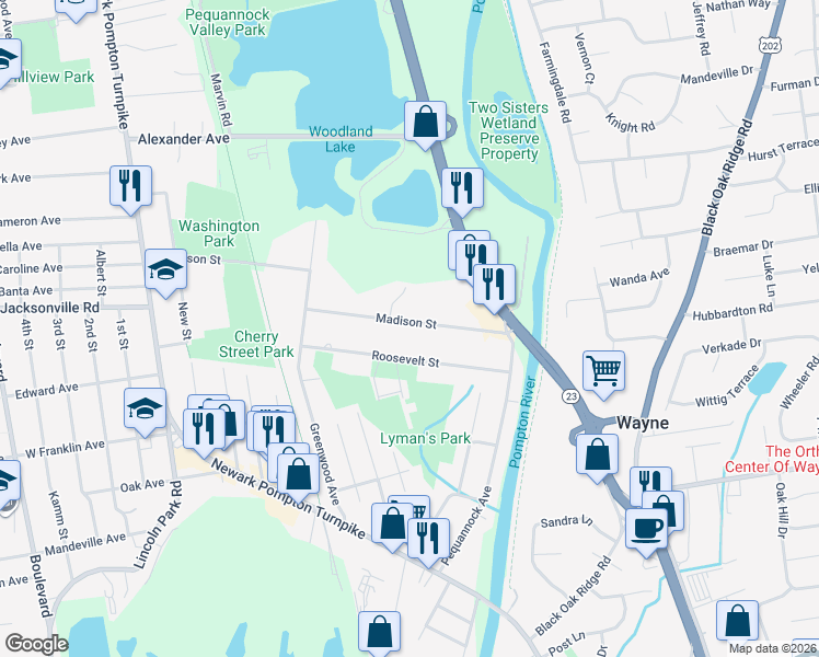map of restaurants, bars, coffee shops, grocery stores, and more near 41 Madison Street in Pequannock Township