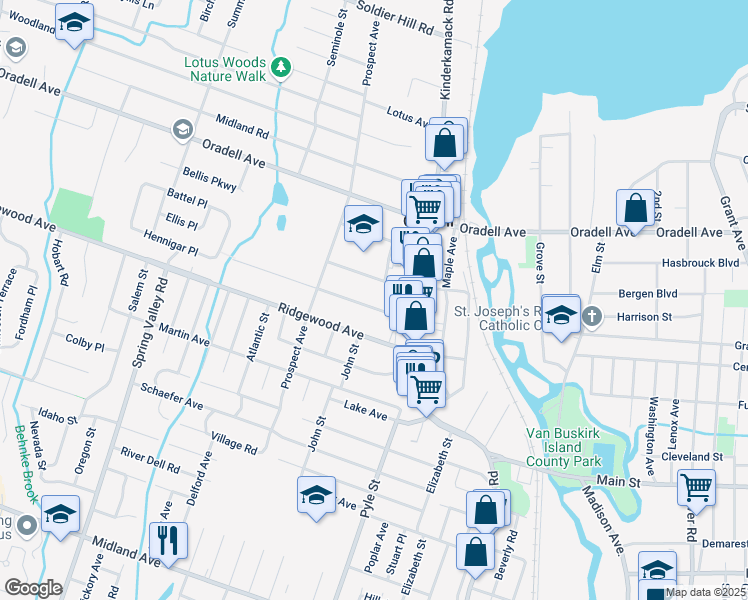 map of restaurants, bars, coffee shops, grocery stores, and more near 654 Park Avenue in Oradell