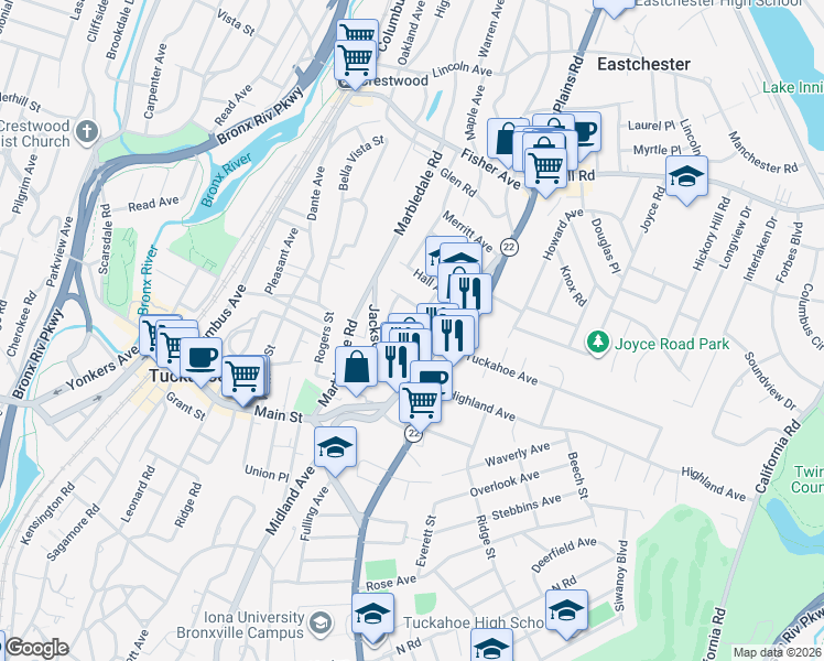 map of restaurants, bars, coffee shops, grocery stores, and more near 20 New Street in Eastchester