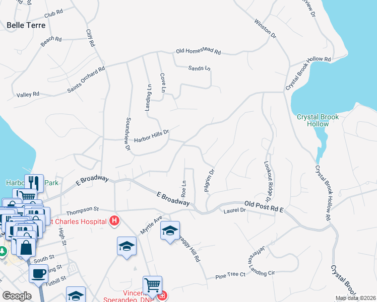 map of restaurants, bars, coffee shops, grocery stores, and more near 35 Pilgrim Drive in Port Jefferson