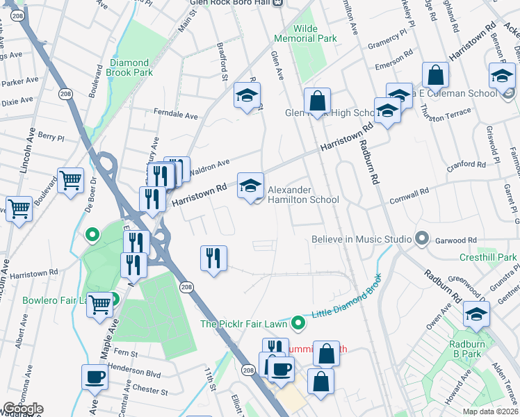 map of restaurants, bars, coffee shops, grocery stores, and more near 380 Harristown Road in Glen Rock